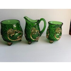 Riverside Glass Works Green & Gold Croesus - 3 pc set (Sugar, Creamer, Spooner)